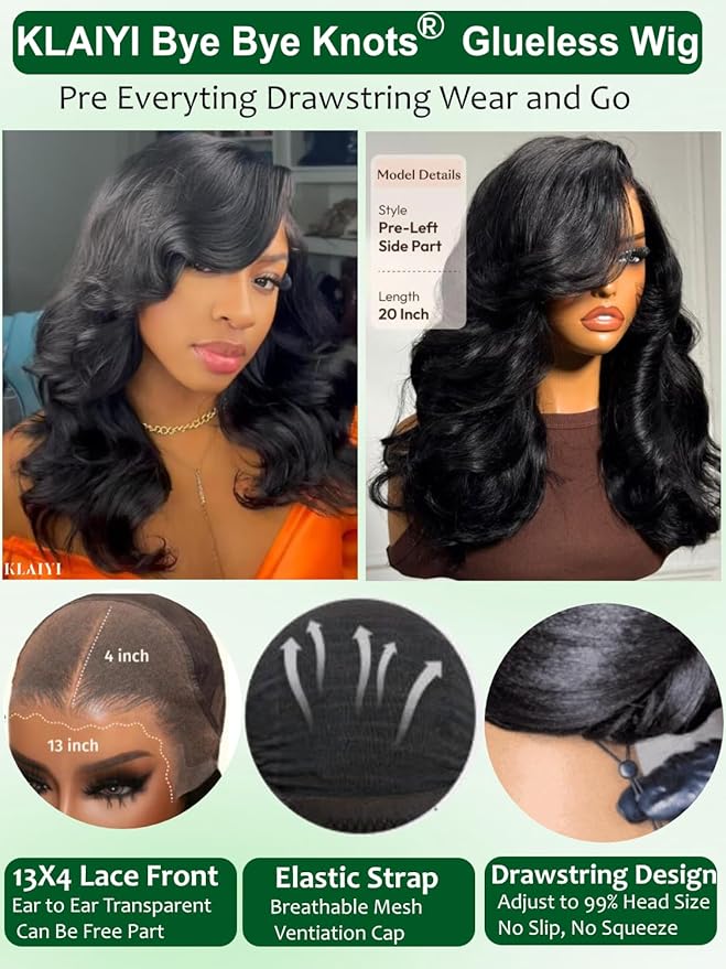 KLAIYI Pre Everything Glueless Layer Side Part Loose Body Wave 13x4 Lace Front Wigs Human Hair Drawstring Curtain Bangs Face framing Pre Bleached Knots Pre Plucked 3S Ready to Put On and Go Wig 22Inch