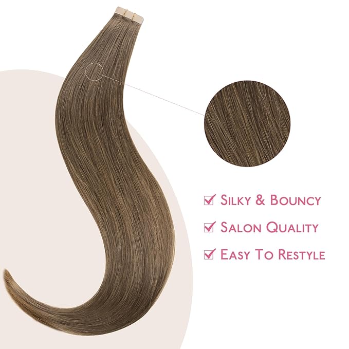 WENNALIFE Tape in Hair Extensions Human Hair Light Ash Brown Tape in Extensions, 10pcs 25g 16 inch Remy Invisible Tape Ins Straight Colored Soft Real Human Hair Tape in Extensions Refill Set