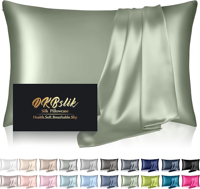 Silk Pillowcase for Hair and Skin, Mulberry Silk Pillow Cases King Size, Anti Acne Cooling Sleep Both Sides Natural Silk Satin Pillow Case Covers with Hidden Zipper, Gifts for Women Men, Sage Green