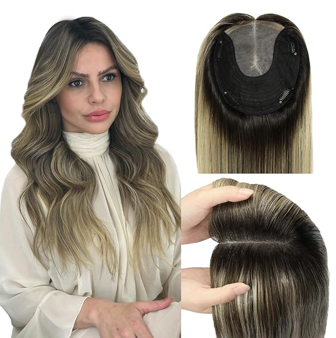 WORLDSTAR Hair Toppers for Women Real Human Hair 150% Density 6 * 7 Inch Base 12Inch 55g #1B/4/27 Natural Black Ombre Brown with Caramel Blonde Clip in Human Topper No Bangs (tp#1B/4/27-12)
