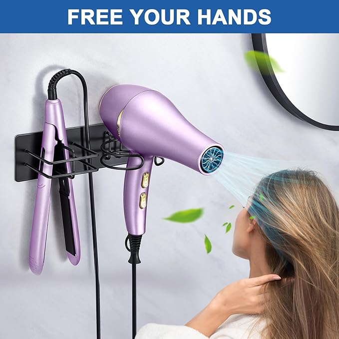 Hair Dryer and Straightener Holder Wall Mounted, Self Adhesive Blow Dryer and Flat Iron Storage Hair Tool Organizer for Bathroom Vanity (Black)