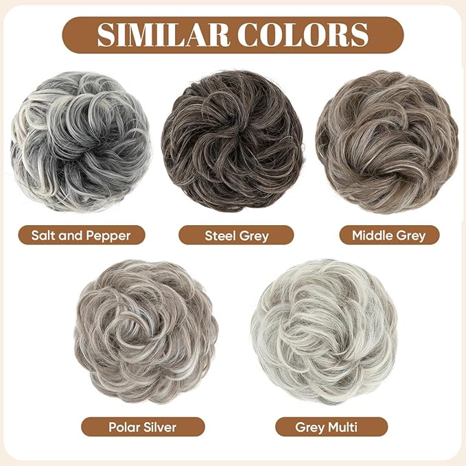 CJL HAIR Large Messy Bun Hair Piece Wavy Curly Scrunchies Synthetic Chignon Ponytail Hair Extensions Thick Updo Hairpieces for Women Grey Multi