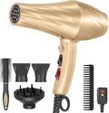 Ionic Hair Dryer,2400W Negative Ion Low Noise Hair Dryer Professional Fast Drying Hair Dryers with 2 Speeds, 3 Heat Settings, Cooling Button,with Diffuser for Curly and Straight Hair（Champagne Gold）