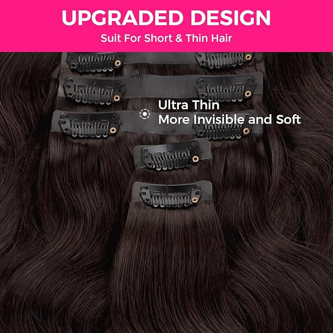 Lashey Seamless Clip in Hair Extensions Human Hair #2 Dark Brown Body Wave, Real Human Hair 7pcs 110g 18 Inch PU Weft Natural Hair Extensions for Women