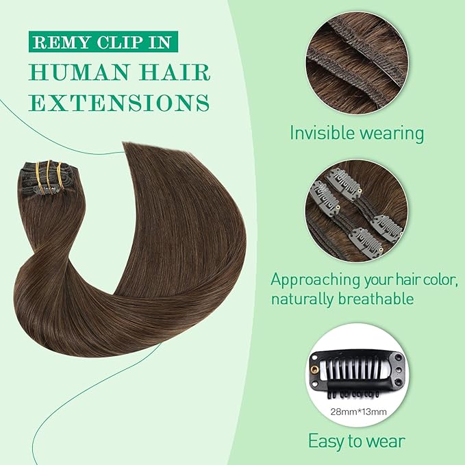 Clip in Human Hair Extensions, Chocolate Brown 160g 7pcs 22 Inch, SURNEL Clip in Hair Extensions Real Human Hair Straight Thick Hair(#4-22'')