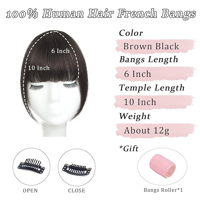 Clip in Bangs Real Human Hair Brown Black French Bangs Fringe with Temples Thick Curtain Bangs Clip on Bangs Curved Fake Bangs Hairpieces for Women for Daily Wear