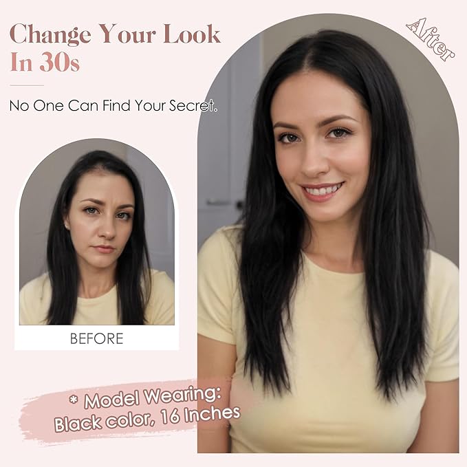 Hairro Human Hair Toppers Free Parted, 3.5x4.7" Base Hand-wovened 100% Real Hairpieces, with Invisible Clips-in for Women, for High Hairline/Adding Volume on Top, 12 Inch Light Natural Black