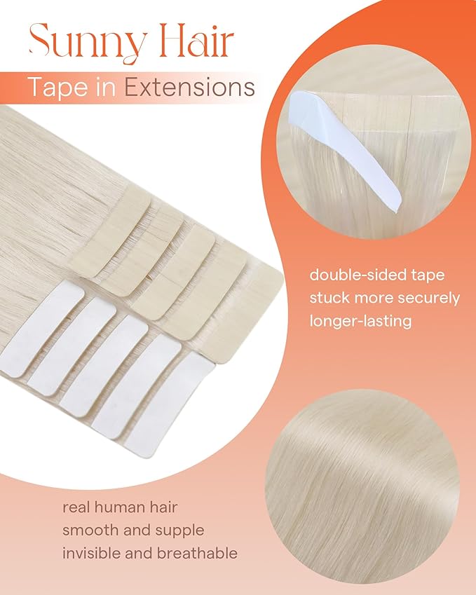 Sunny Hair Tape in Hair Extensions Real Human Hair Invisible Remy Hair Extensions Tape ins for Women White Blonde 20 inch 25G