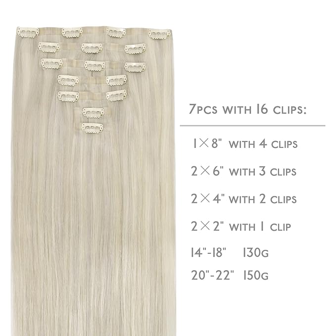 WENNALIFE Seamless Clip In Hair Extensions, 18 Inch 7pcs 130g Ash Blonde Highlighted Platinum Blonde Human Hair Extensions, Invisible PU Weft