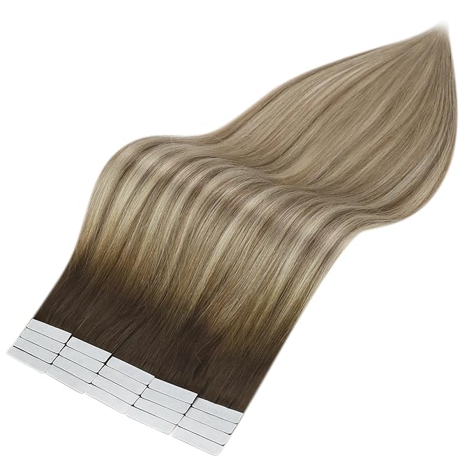 Full Shine Tape in Hair Extensions Human Hair Ombre Balayage Hair Extensions Tape in 3/8/22 Dark Brown Fading To Light Brown and Blonde Highlighted Remy Tape in Extensions 20Pcs 50G 14Inch for Women