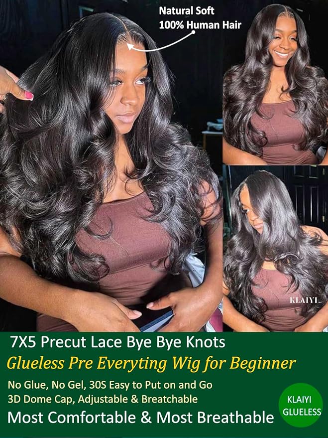 KLAIYI Body Wave Bye Bye Knots Glueless Wig 7x5 Pre Cut Lace Front Wigs Human Hair Wear and Go Wigs for Beginners Pre Bleached Pre Plucked Pre Everything 3S Easy to Ready to Wear Loose Wave Wig 26Inch