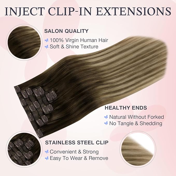 DOORES Invisible Clip in Hair Extensions 14 inch 130g 9pcs, Real Human Hair Invisi Edge Clip in Extensions, Virgin PU Clipins Straight Thickening Hairstyle, 4/27/4 Chocolate Brown to Caramel Blonde