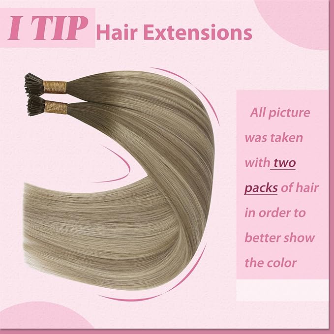 YoungSee I Tip Hair Extensions Human Hair Ombre 24 Inch I Tip Hair Extensions Balayage Light Brown to Brown with Blonde Itip Hair Extension for Office Women 50g 50s Pre Bonded Hair Extension