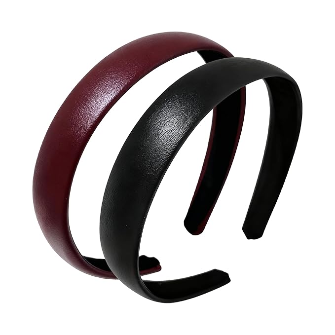 2-Piece Red & Black Leather Headbands - Non-Slip Wide Padded Hair Accessories for Women, Cute Fashion DIY Hair Hoops