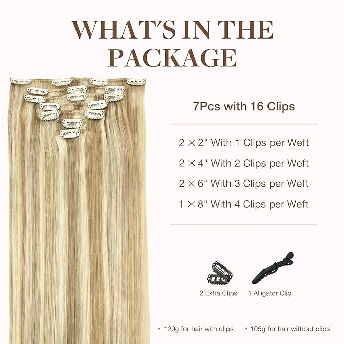 GOO GOO Clip in Hair Extensions Real Human Hair, Remy Human Hair Extensions Clip ins for Women, Natural Human Hair, 14inch 120g 7Pcs, 18A/613A Dark Blonde Highlighted Bleach Blonde