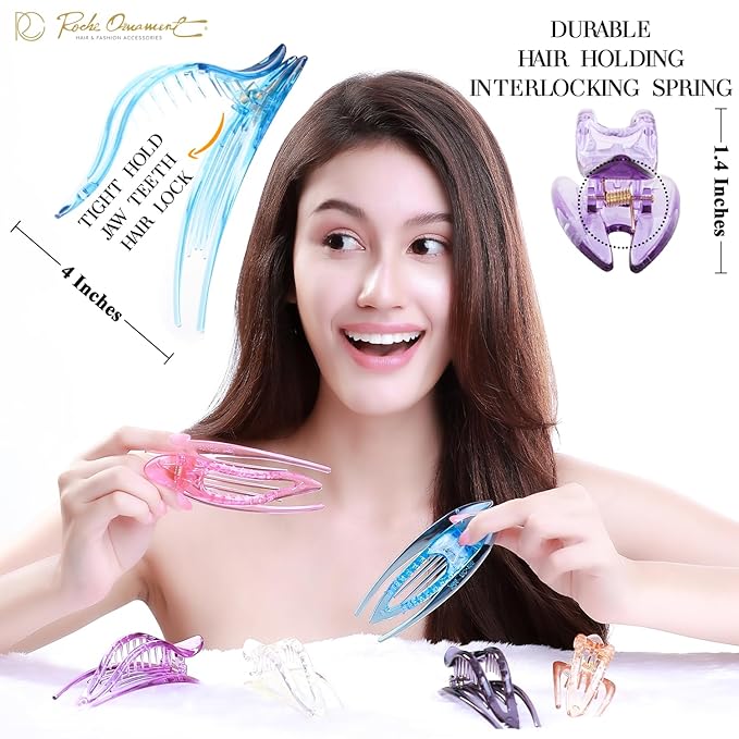 RC ROCHE 6 Pcs Flat Hair Clips Big Claw for Thick Hair French Duckbill Women No Slip Side Slide Curved Alligator Concord Strong Grip Hold Volume Lay Down Clamp, Large Transparent