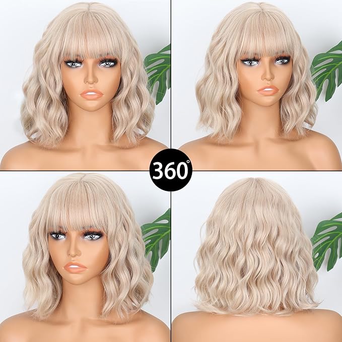 MISSQUEEN Blonde Wig Wavy Short Bob Blond Wigs With Air Bangs Shoulder Length Drity Blonde Wigs for Women Wavy Synthetic Cosplay Wig for Girl Costume Wigs