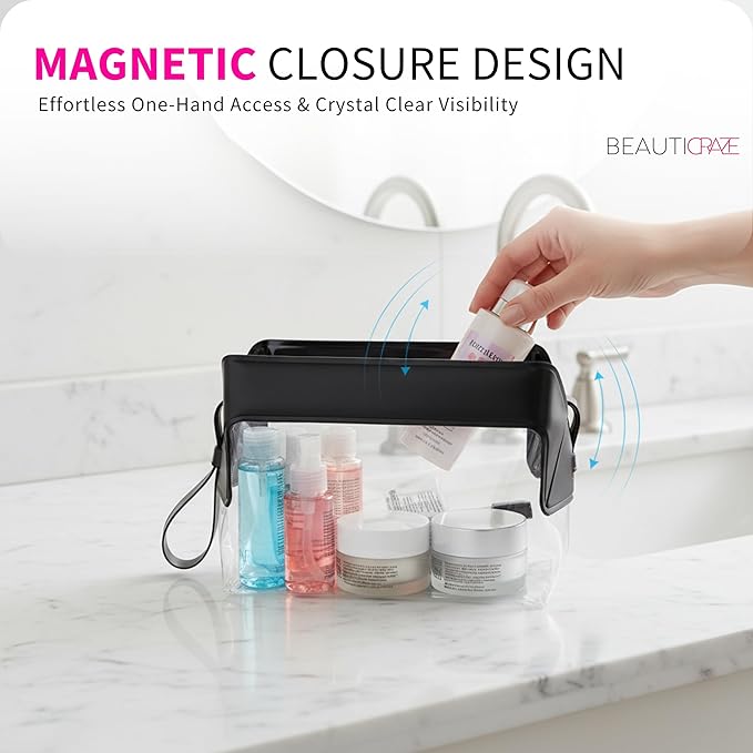 Magnetic Travel Toiletry Bag – Clear TSA-Approved Quart Kit with Magnetic Closure | Leak-Resistant, Durable & Modular Design | Perfect Hygiene Organizer for Travel Essentials (Ink)