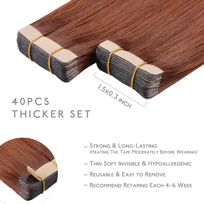WENNALIFE Tape in Hair Extensions Human Hair, 40pcs 80g 12 inch Dark Auburn Copper Hair Extensions Real Human Hair Straight Tape in Extensions Invisible Human Hair Extensions Reusable Real Hair Extens