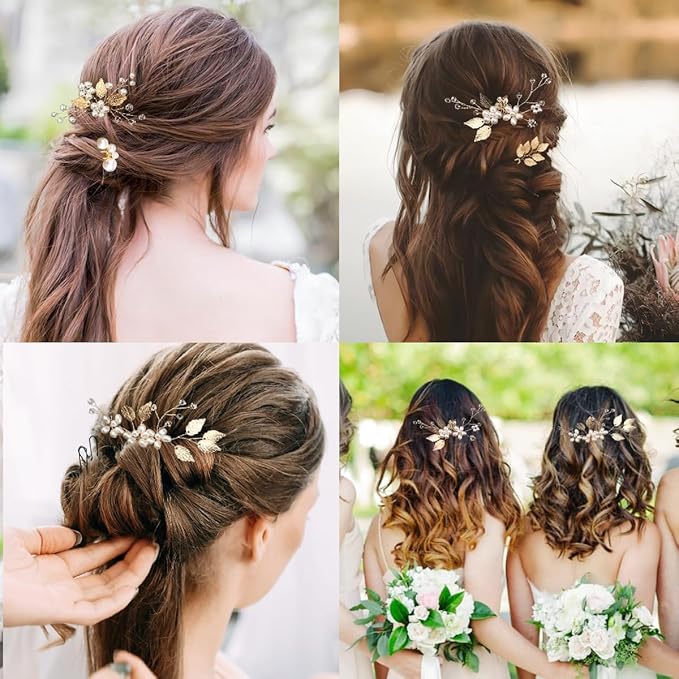 10 Pieces Gold Leaf Bridal Hair Pins, Wedding Headpiece Hair Jewelry with Pearl Rhinestone Wedding Hair Accessories for Bride Bridesmaids Flower Girls(Pearl)