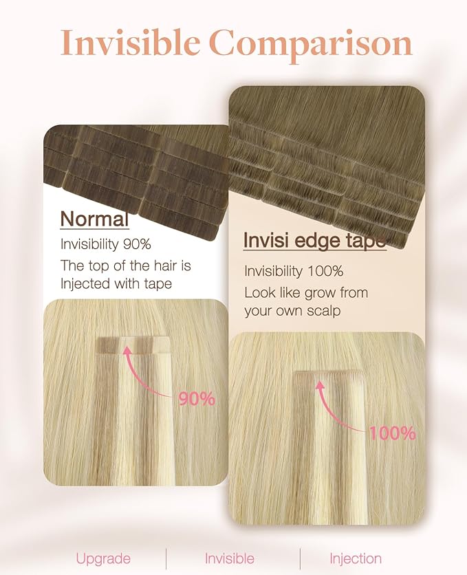GOO GOO Invisi Edge Tape in Hair Extensions Human Hair, 9/60 Balayage Ash Brown to Platinum Blonde, 20pcs 24inch 50g, Virgin Remy Hair, Seamless Injected Tape, Natural Look