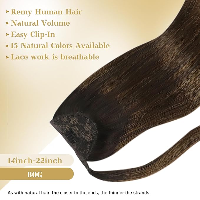Ve Sunny Hair Extensions Ponytail Real Human Hair Wrap Around Clip in Ponytail Hair Extensions Straight Extensions Human Hair for Women Dark Brown Dark Brown Balayage Chestnut Brown 22inch 80G
