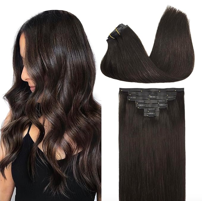 GOO GOO Clip in Hair Extensions Real Human Hair, Remy Human Hair Extensions Clip ins for Women, Natural Human Hair, 12inch 85g 7Pcs, #2 Dark Brown
