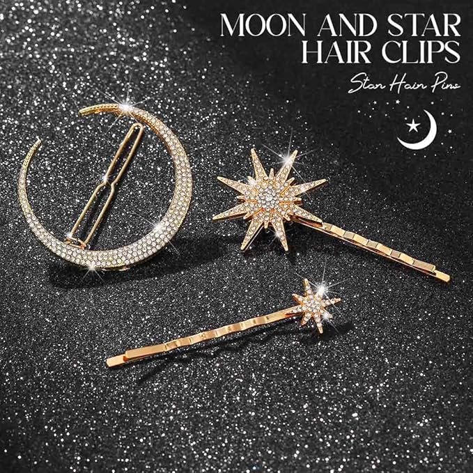 BARTOSI Moon Star Hair Clips Gold Stars Hair pins Crystal Celestial Hair Accessories for Women and Girls (Pack of 3)