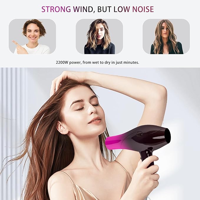 Ionic Hair Dryer,2400W Negative Ion Low Noise Hair Dryer Professional Fast Drying Hair Dryers with 2 Speeds, 3 Heat Settings, Cooling Button,with Diffuser for Curly and Straight Hair（Crimson Fade）