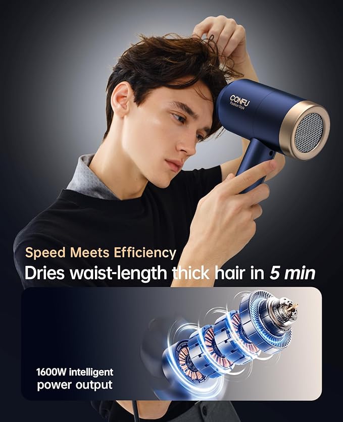 Hair Dryers for Women, CONFU Hair Dryer with Diffuser, Blow Dryers for Men, Hairdryer with Diffuser Attachment, Portable Lightweight Fast Drying Negative Ion Hairdryer for Home