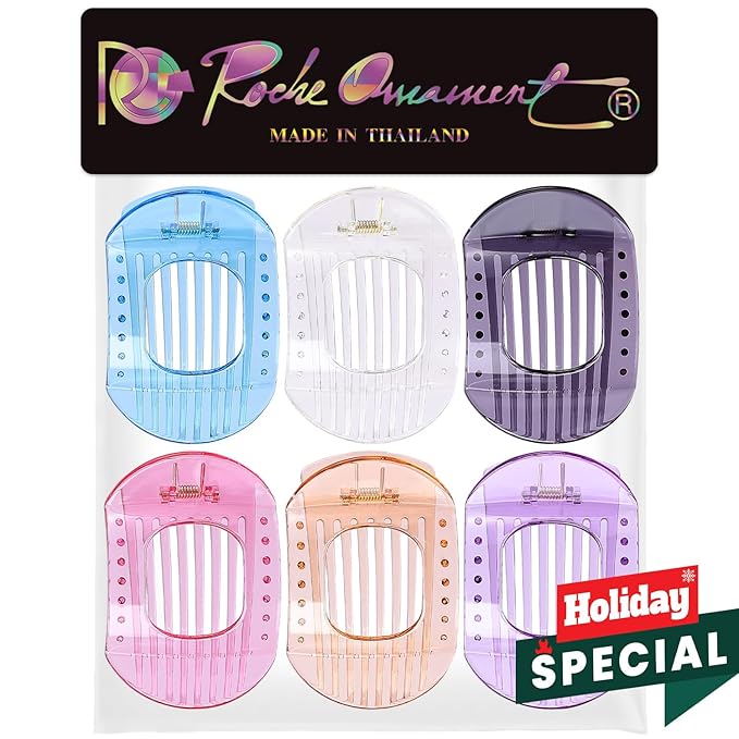 RC ROCHE 6 Pcs Flat Claw Hair Clips for Women Thick Hair French Round Duckbill Square Secure Strong Hold Grip Clamps Barrettes Curved No Slip No Crease Styling Cute Extra Jumbo XL, Large Transparent