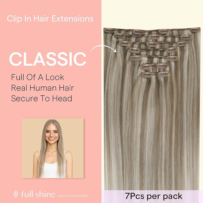 Full Shine Blonde Hair Extensions Clip in 12 Inch, Ash Brown Highlight Blonde Clip In Hair Extensions Real Human Hair for Thin Hair Add Thickness Straight 7 Pcs 95g