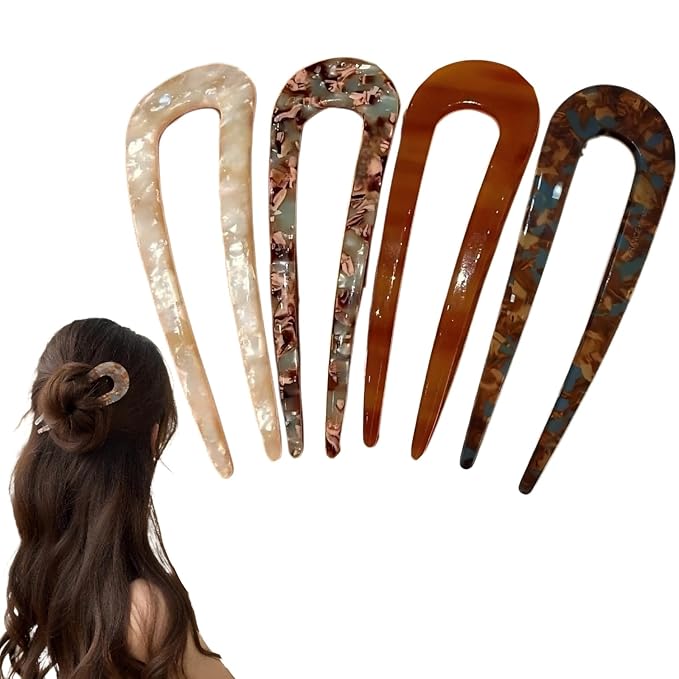 French Hair pins for Women,U-Shaped Hair pins,4Pc Twist Hair Stick Suitable French Pins for Thick Hair(White,Apricot color,Brown,Dark Brown)