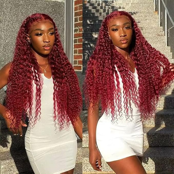 22 Inch 99J Burgundy Deep Wave Lace Front Wigs Human Hair 200% Density 13x6 Lace Front Wigs Human Hair Glueless HD Lace Frontal Wigs for Women