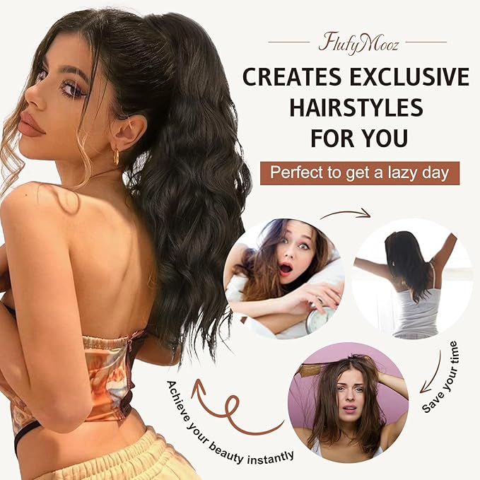 FLUFYMOOZ Ponytail Extension, 18 Inch Claw Clip Ponytail Extension, Wavy Curly Claw Clip in Ponytail Hair Extensions, Natural Fake Ponytail Synthetic Hairpiece for Women (Medium Chocolate Brown)