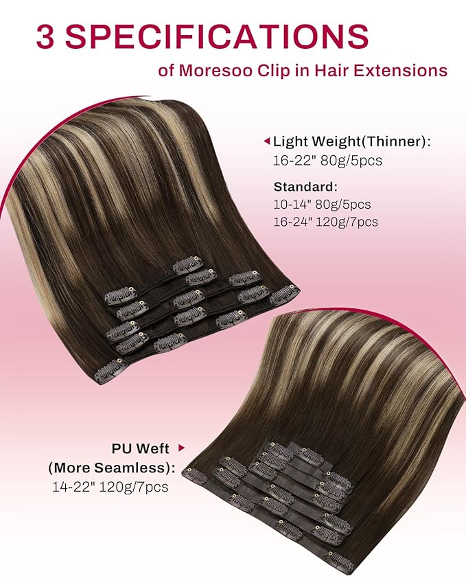 Moresoo Clip in Hair Extensions Real Human Hair Balayage Dark Brown with Caramel Blonde 5pcs 80g Remy Straight Invisible Lace Double Weft Ombre Human Hair Clip in Extensions 16inch
