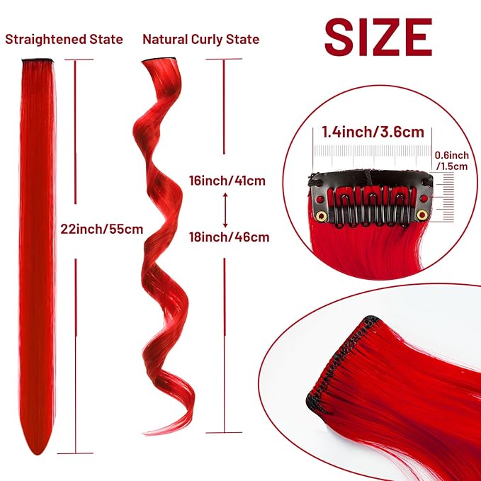 16 Pcs Colored Hair Extensions Curly Wavy Clip in Synthetic Hair Extensions,Colorful Party Highlights Hairpiece Streak for Girls Women Kids (Red Blue)