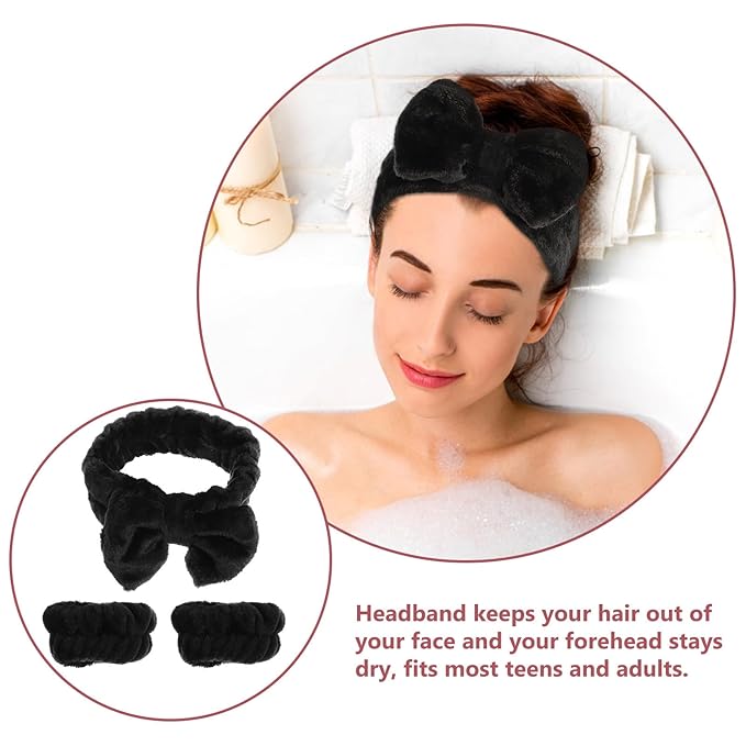 Water Absorbent Makeup Headbands and Wristbands Soft Wide Spa Hairbands for Women Non-slip Comfortable Face Cleaning and Bath Accessories Black Hair Wrap Kit