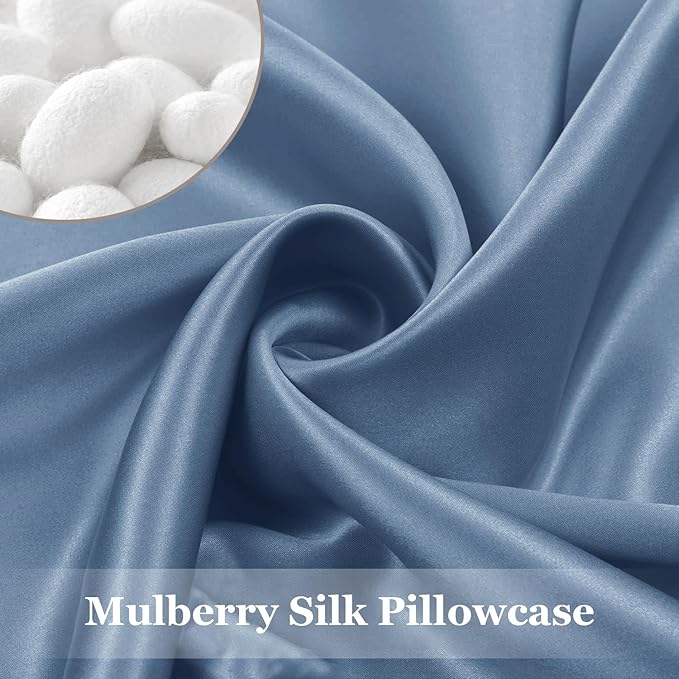 Adubor Silk Pillowcase for Hair and Skin 23 Momme Mulberry Silk Pillow Covers Standard Size with Hidden Zipper Soft Breathable Both Sides Pure Silk, Queen 20 inch X30 inch , 1Pack, Gray Blue