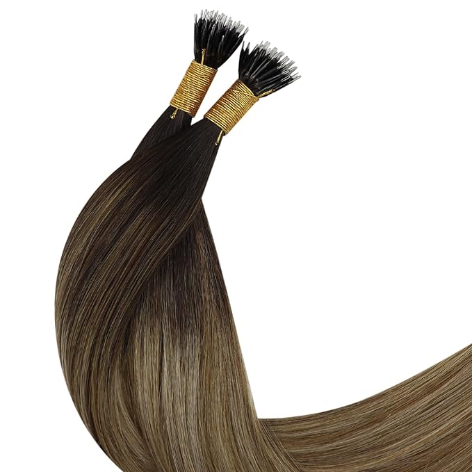 YoungSee Nano Ring Hair Extensions Human Hair Brown Nano Ring Hair Extension Balayage Dark Brown with Blonde Nano-Beads Hair Extension Brown Nano-Tips Remy Hair for Wedding 16inch 1g/s 50g