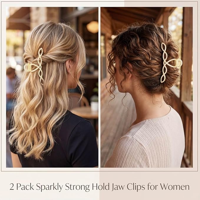 Rhinestone Hair Claw Clip, Large Metal Gold Claw Clip for Thick Hair, Sparkly Hair Accessories for Women (2 Pack)