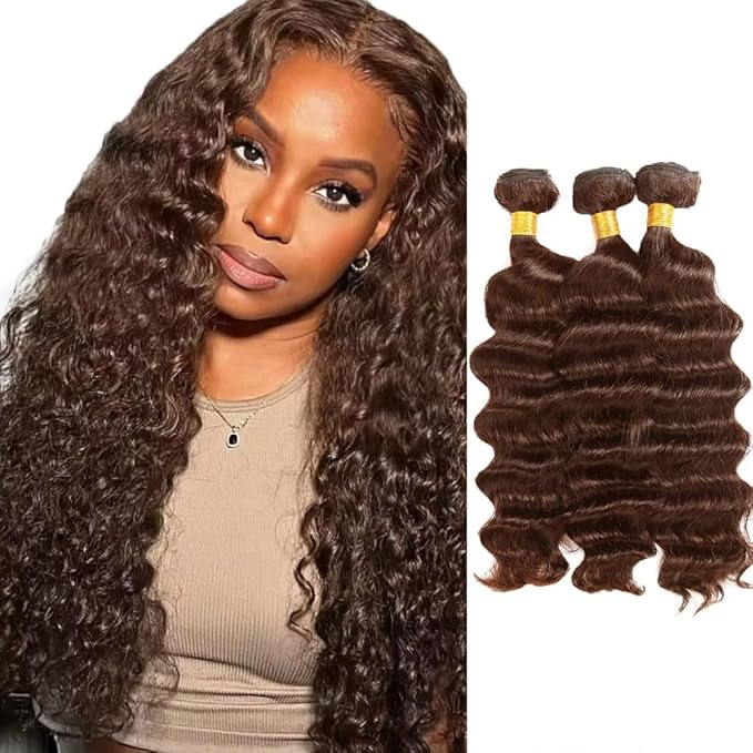 Chocolate Brown Bundles Human Hair Color 4 Deep Wave Bundle Brazilian Virgin Remy Hair 3 Bundles 22 24 26 Inch Niegmeag Double Weft Dark Brown Deep Wave Bundle Hair Weave 300g