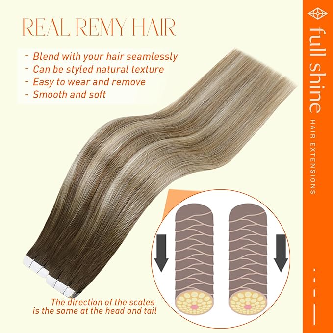 Full Shine 22 Inch Hair Extensions Human Hair Tape ins Straight Tape in Hair Extensions Color 3/8/22 Dark Brown to Ash Brown and Blonde Adhesive Double Sided Invisible for Daily Wear