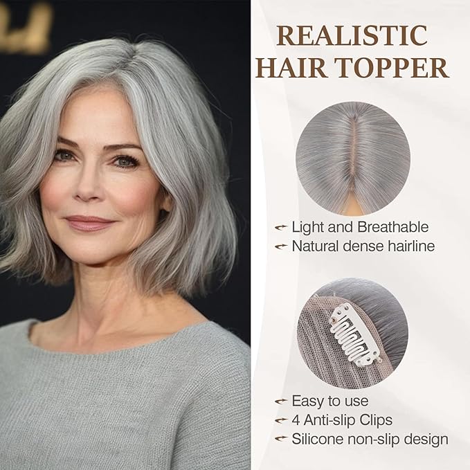 Rich Choices Hair Toppers for Women Real Human Hair 100% Human Remy Toppers NO Bangs for Women with Thinning on Top Clip in Hairpiece 4"x4.7"Lace Base 16 Inch Gray