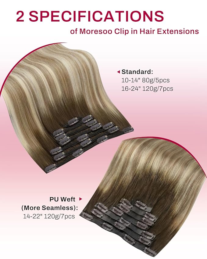 Moresoo Seamless Clip in Hair Extensions Human Hair Balayage Remy Straight PU Weft Human Hair Clip in Extensions Full Head Ombre Brown to Light Brown with Golden Blonde 7pcs/120g 22inch