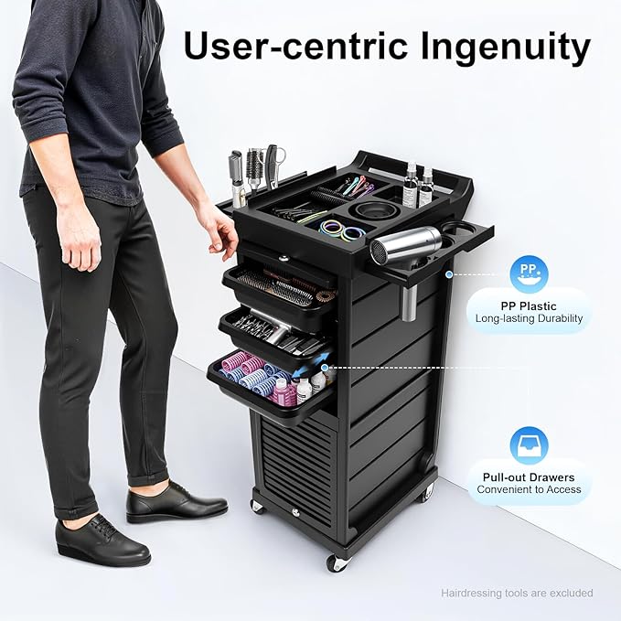 Salon Trolley Cart, 7 Layer Hair Salon Storage Cabinet Barber Organizer Tool, Portable Utility Beauty Barber Cart, Black Lockable Storage Cabinet Barber Station for Hair Stylist Hairdresser