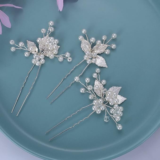 Bridal Hair Accessories, Beusoulover 3 Pieces Silver Hair Pins for Women Wedding, Bridesmaid, Flower Girl, U Shaped Bridal Flower Rhinestone Pearl Hair Pins Hair Vine Hair Piece (Silver)