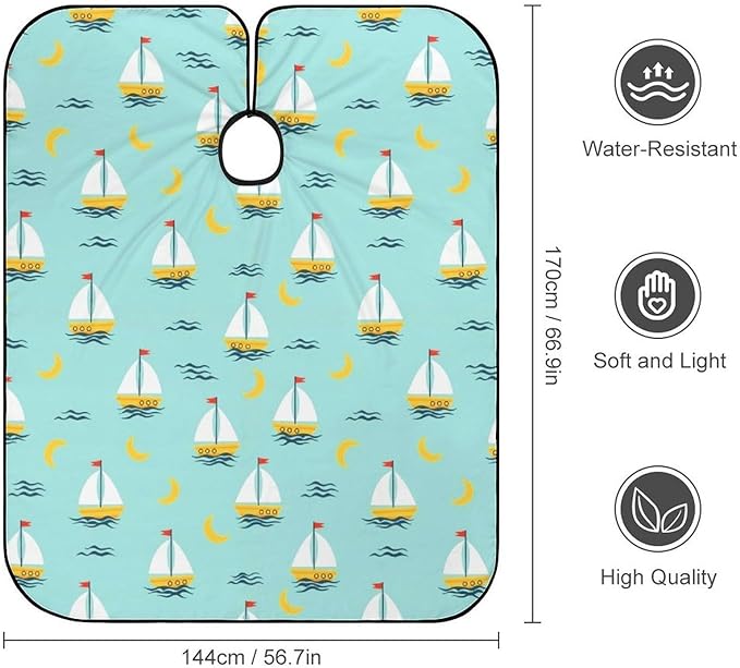 Large Long Salon Barber Cape, Sailboats Blue Haircut Hairdressing Cloth Apron Haircut Barber Gown for Home Stylists