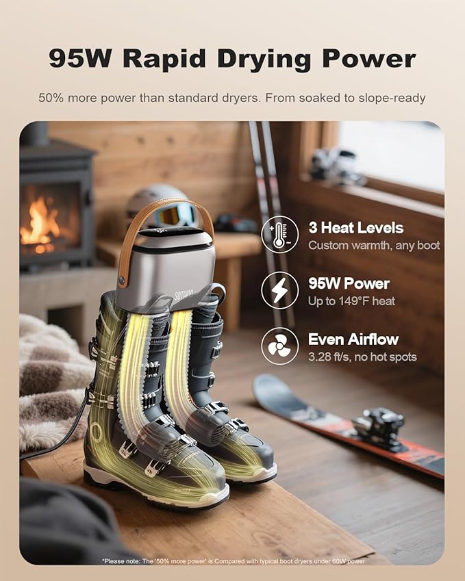 SOTHING Boot Dryer, 95W Rapid Drying with 3 Heat Levels, Ozone Fresh Mode, 1–9H Timer, Smart Touch Panel, Retractable Hoses & Overheat Protection – Portable Ski Boot & Snowboard Boot Dryer