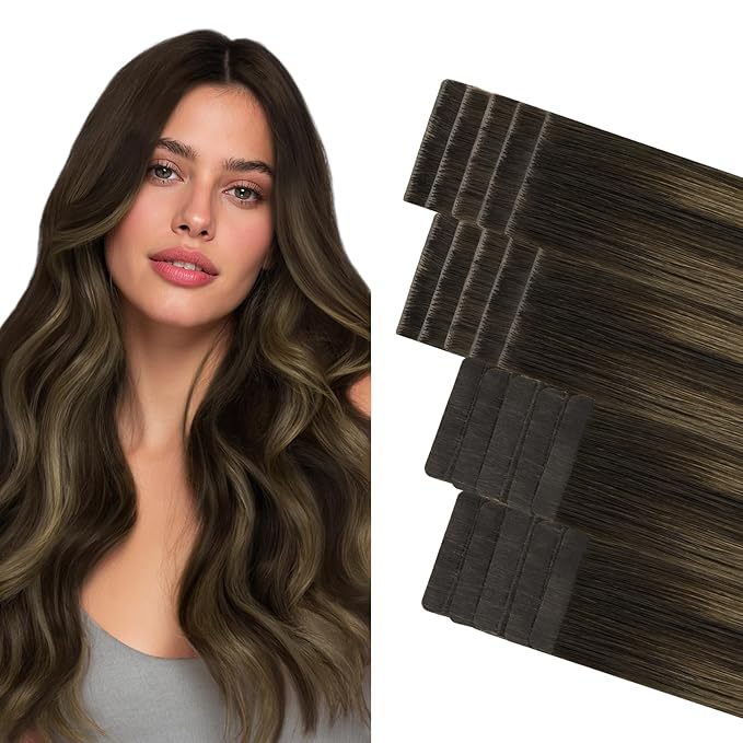 GOO GOO Invisi Edge Tape in Hair Extensions Human Hair, 2/6/2 Balayage Dark Brown to Chestnut Brown 10pcs injected with 10pcs classical tape ins, 14inch 50g, Virgin Remy Hair, Natural Look